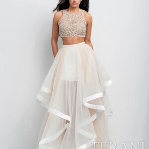 Terani Couture Beige and White High Low Dress